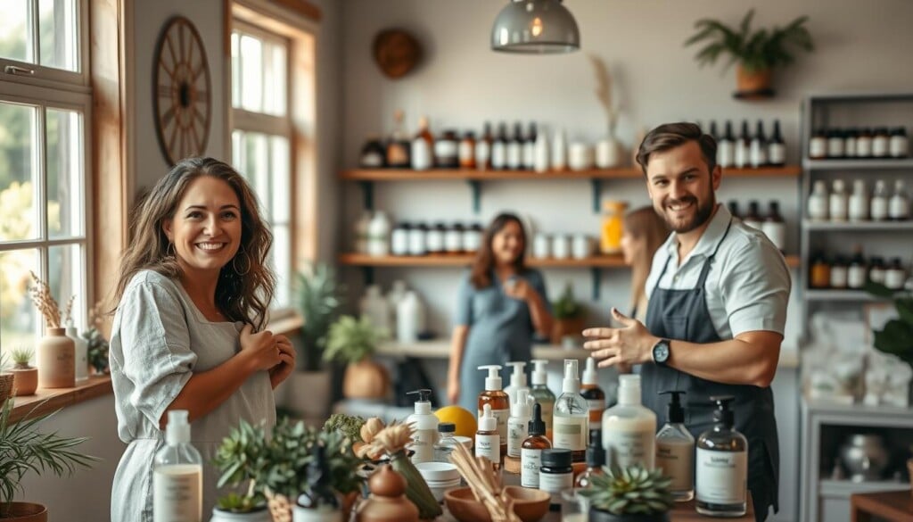 A cozy, well-lit local skin care studio, filled with natural light from large windows. In the foreground, two friendly, approachable skin care experts - a woman with warm, welcoming eyes and a man with an earnest, knowledgeable expression - demonstrating natural skin care products and techniques to a small group of eager clients. The middle ground showcases an array of locally sourced, organic ingredients and sustainable packaging. In the background, shelves display an assortment of handcrafted skin care remedies, reflecting the expertise and passion of the local community. The overall atmosphere is one of trust, authenticity, and a genuine desire to help clients achieve their healthiest, most radiant skin.