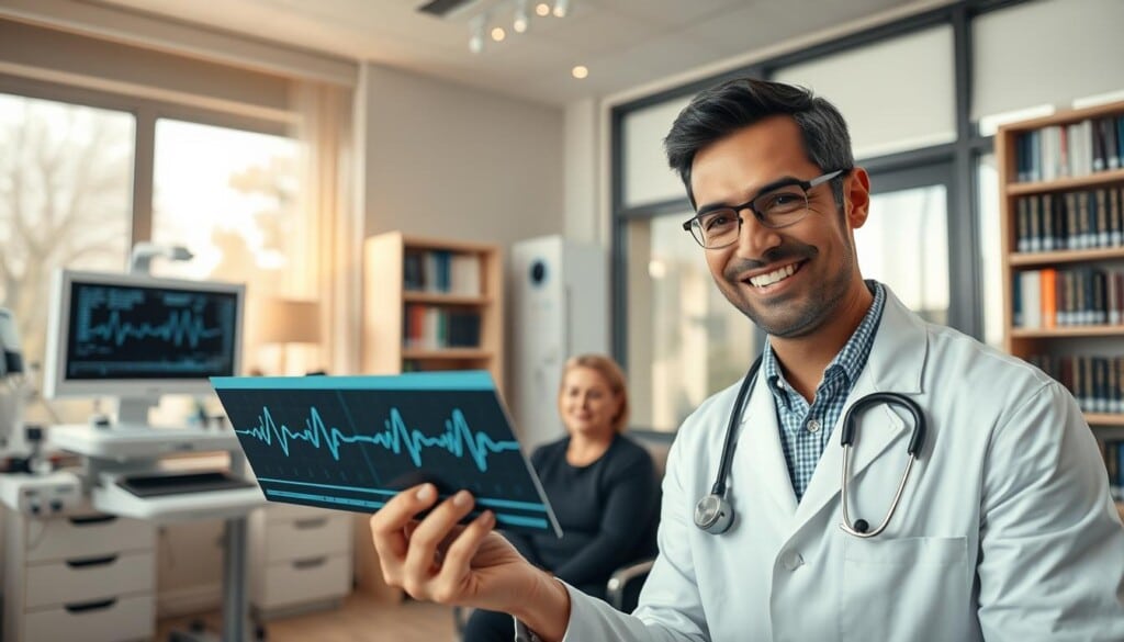 A cozy, well-lit medical office with a sophisticated, modern aesthetic. In the foreground, a cardiologist in a white coat examines an electrocardiogram, their face radiating warmth and expertise. In the middle ground, a patient sits attentively, their expression one of trust and calm. The background features state-of-the-art monitoring equipment, bookshelves filled with medical texts, and large windows that flood the space with natural light, creating a serene, reassuring atmosphere. The scene conveys the professionalism, care, and attention to detail that patients can expect during a cardiology consultation.