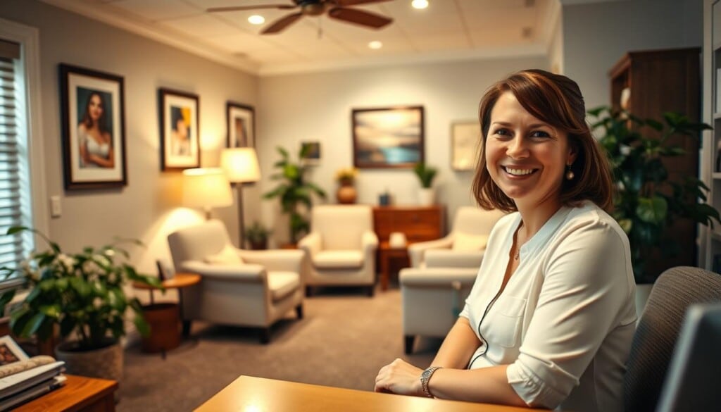 A cozy, well-lit office space with a warm, inviting atmosphere. In the foreground, a friendly lactation consultant sits at a desk, ready to assist a new mother. The middle ground features a comfortable seating area with plush chairs and soft lighting, creating an intimate, nurturing environment. The background showcases tasteful decor, including soothing artwork and leafy potted plants, reflecting the professionalism and care of the local lactation services. The scene is captured with a wide-angle lens, emphasizing the welcoming and supportive ambiance of the space.