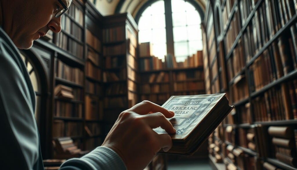 A cozy, well-lit rare book store interior. In the foreground, a collector carefully examines a weathered leather-bound volume, tracing the intricate gold-embossed title with reverent fingers. Mid-frame, rows of towering bookshelves stretch back, their worn spines hinting at untold stories. Soft natural light filters through dusty window panes, casting a warm glow over the scene. The atmosphere is one of quiet contemplation, a sanctuary for bibliophiles seeking rare literary treasures. A sense of discovery and wonder permeates the air, inviting the viewer to join the collector on a journey through the pages of history.