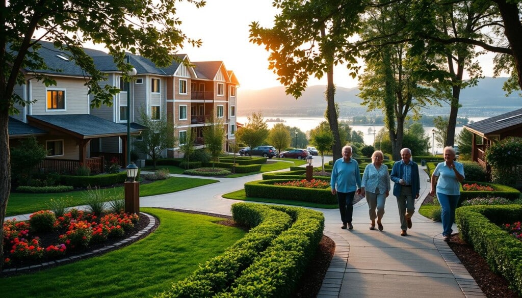 A cozy, well-lit retirement community nestled in lush greenery, showcasing the LocalZ listings. In the foreground, a group of seniors enjoying a leisurely stroll on a neatly paved pathway, surrounded by vibrant flower beds and manicured hedges. The middle ground features a modern, inviting multi-story building with a mix of traditional and contemporary architectural elements, reflecting the community's commitment to comfort and style. In the background, a scenic vista of rolling hills and a tranquil lake, bathed in the warm glow of the afternoon sun. The atmosphere exudes a sense of tranquility, security, and a fulfilling retirement lifestyle, perfectly capturing the essence of the LocalZ retirement housing listings.