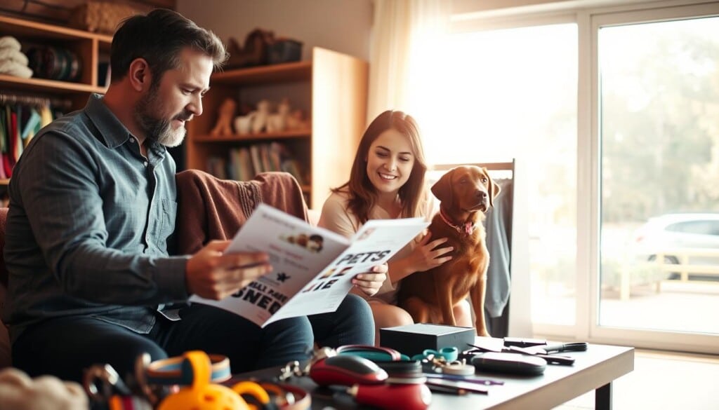 A cozy, well-lit room where a couple examines different pet care options. In the foreground, they study brochures and documents, expressions thoughtful and engaged. The middle ground features an array of pet supplies - collars, leashes, toys, and grooming tools. In the background, a large window floods the space with warm, natural light, highlighting the care and consideration being given to this important decision. The overall mood is one of diligence and responsibility, reflecting the importance of choosing the right boarding facility for a beloved pet.