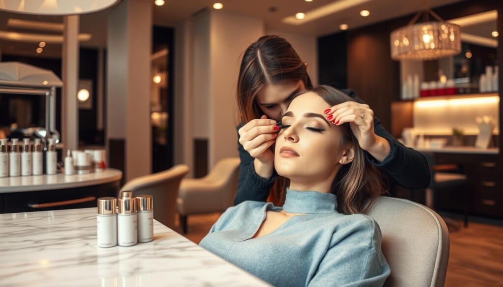A cozy, well-lit salon interior with a sleek, modern aesthetic. In the foreground, a woman sits comfortably in a plush chair, her eyes closed as a skilled aesthetician carefully applies lush, volumized eyelash extensions. The aesthetician's nimble fingers work with precision, creating a captivating and transformative look. In the background, a marble-topped counter displays an array of high-end lash care products, hinting at the luxurious experience. Soft, diffused lighting casts a warm, inviting glow, setting the mood for a pampering and indulgent eyelash service.