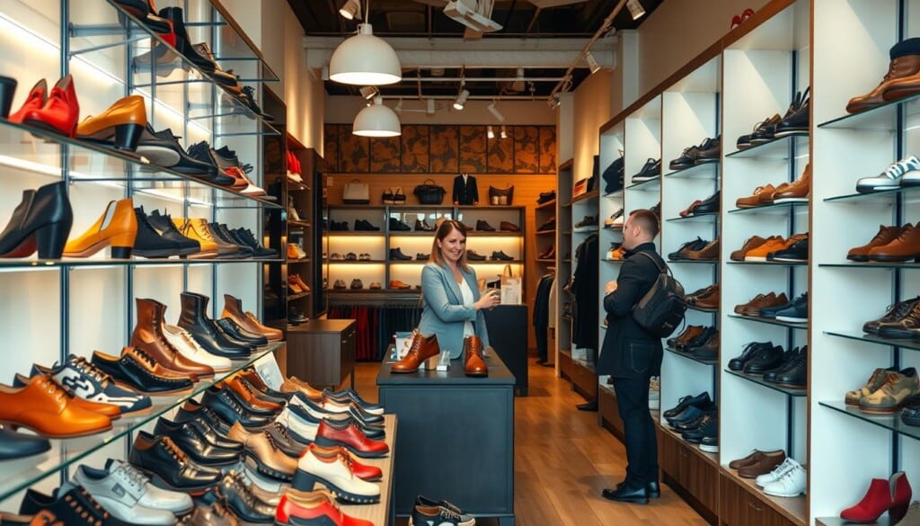 A cozy, well-lit shoe store interior, with a warm, inviting atmosphere. In the foreground, an array of stylish shoes neatly displayed on shelves, showcasing a variety of colors, textures, and designs. In the middle ground, a helpful sales associate consulting with a customer, guiding them through the selection. The background features a clean, modern decor with a mix of neutral tones and natural lighting, creating a serene and organized shopping experience. The scene conveys a sense of expertise, attentive service, and a wide selection of high-quality footwear options, reflecting the ideal environment for finding the perfect pair of shoes.