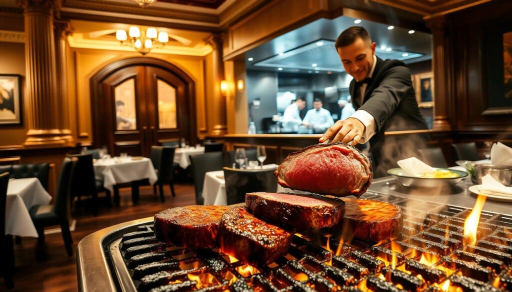 A cozy, well-lit steakhouse nestled in a vibrant city district, with a warm, inviting ambiance. The entrance is framed by ornate columns and a grand, wooden door, leading to a sophisticated dining room filled with white-clothed tables and plush leather seating. In the foreground, a tantalizing display of expertly grilled steaks, sizzling on a grill, with a waft of mouth-watering aromas. The middle ground showcases an attentive server presenting a cut of tender, marbled meat to a satisfied customer. The background features a bustling open kitchen, where chefs in crisp uniforms meticulously prepare an array of side dishes and accompaniments. The overall scene conveys a sense of refined elegance and culinary excellence, creating the perfect setting to savor the best steak experience.