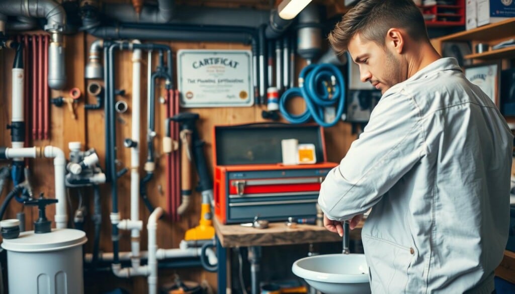 A cozy, well-lit workshop with a focus on plumbing services. In the foreground, a skilled plumber in a clean uniform is working on a sink installation, their tools neatly arranged nearby. The middle ground features a display of piping, fittings, and other plumbing supplies, showcasing the breadth of services offered. In the background, a vintage toolbox and a framed certificate highlighting the company's expertise and experience. The overall atmosphere conveys professionalism, attention to detail, and a commitment to providing high-quality plumbing solutions.