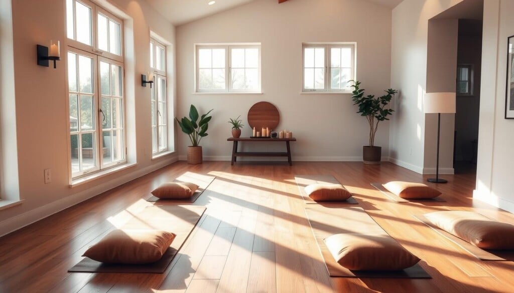 A cozy, well-lit yoga studio in a serene, sun-drenched corner of a modern home. Wooden floors, clean white walls, and large windows that flood the space with natural light. Plush, earthy-toned yoga mats and cushions are neatly arranged, inviting you to sink into a state of deep relaxation. A small altar or meditation table stands in the corner, with candles, incense, and a potted plant adding a touch of warmth and tranquility. Soft, indirect lighting from wall sconces and a floor lamp create a calming ambiance. The overall atmosphere is one of calm, mindfulness, and rejuvenation - the perfect setting for a restorative yoga practice.