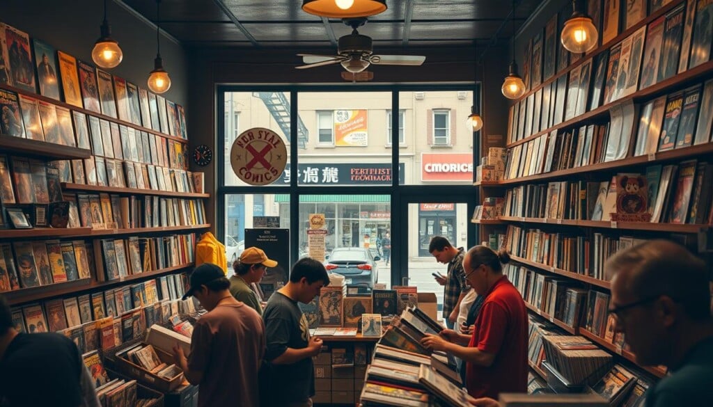 A cozy, well-stocked local comic book shop, its shelves brimming with colorful graphic novels and vintage issues. Warm, diffused lighting bathes the space, creating a welcoming, nostalgic atmosphere. In the foreground, customers browse the selection, their faces alight with excitement. The middle ground features a vibrant display of new releases and staff recommendations, inviting exploration. In the background, a large window offers a glimpse of the bustling street outside, underscoring the shop's integration within the local community. The overall scene conveys the unique charm and character of a beloved neighborhood institution, a hub for passionate comic enthusiasts.