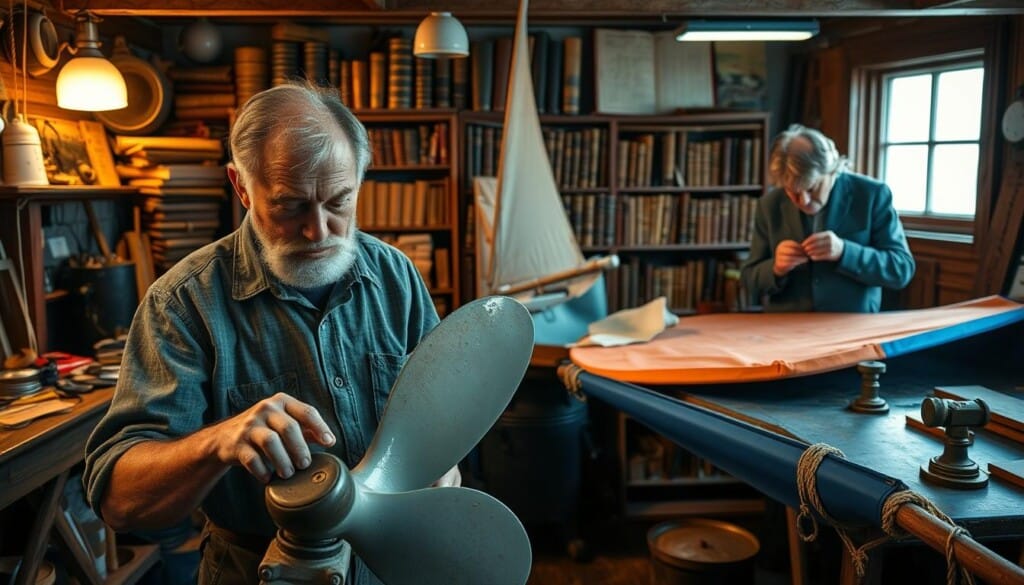 A cozy workshop filled with an assortment of local experts, each deeply immersed in their specialized crafts. In the foreground, a skilled boat mechanic examines a propeller, his weathered hands and intense focus underscoring years of experience. Behind him, a sailmaker meticulously stitches intricate patterns onto a vibrant sail, the warm glow of task lighting casting a soft, amber hue. In the background, a nautical historian pores over ancient documents, surrounded by shelves of leather-bound tomes. The scene is one of collaborative expertise, where passion and dedication converge to create exceptional vessels and gear.