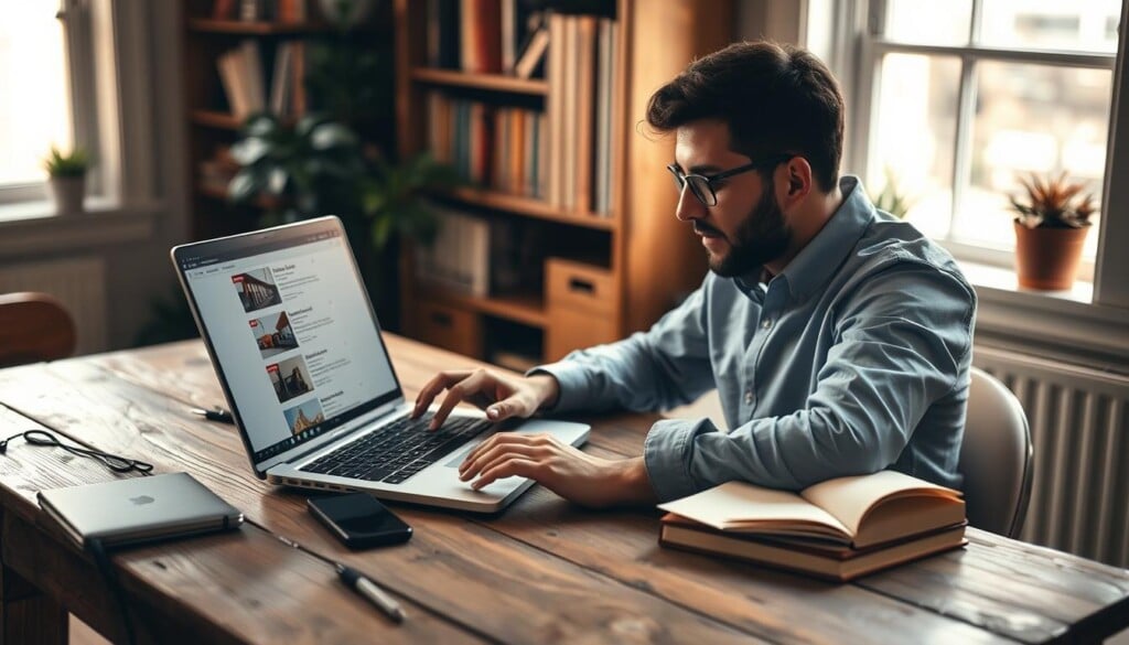 A cozy workspace with a laptop, smartphone, and notebook on a rustic wooden desk. The user is intently searching through various local business listings displayed on the laptop screen, with a focused expression. The scene is bathed in warm, diffused lighting from a nearby window, creating a calming and productive atmosphere. The background features bookshelves and potted plants, hinting at a professional yet inviting home office setting. The overall composition conveys the idea of efficiently researching and discovering local basket stores using an online platform.