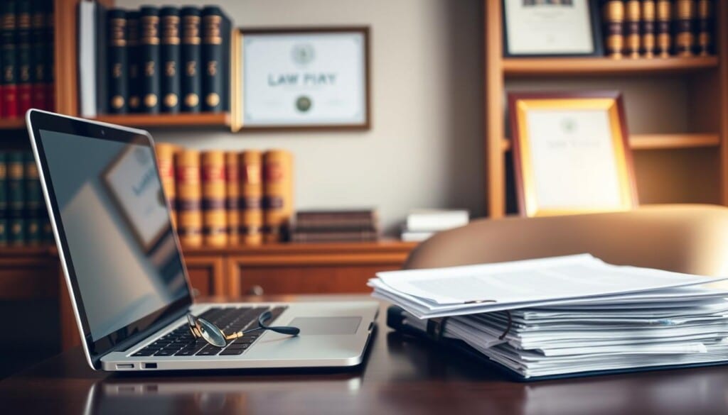 A crisp, high-resolution image of a desk with an open laptop, a stack of legal documents, and a pair of reading glasses, all bathed in warm, directional lighting. In the background, a bookshelf filled with law books and a framed certificate or award, conveying an atmosphere of expertise and professionalism. The overall composition is clean, balanced, and inviting, capturing the essence of a Social Security Disability Attorney's office and the frequently asked questions they address.