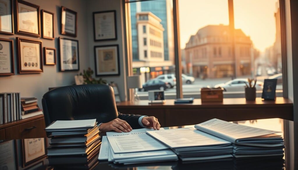 A crisp, well-lit real estate office interior, with a large window overlooking a bustling city street. On the desk, a stack of property listings and appraisal documents, neatly organized. The walls are adorned with framed certificates and awards, conveying the appraiser's expertise. Warm, soft lighting illuminates the scene, creating a professional yet inviting atmosphere. The appraiser, dressed in a tailored suit, is intently reviewing the documents, ready to provide their expert assessment. The overall composition exudes a sense of trust, reliability, and dedication to the real estate industry.
