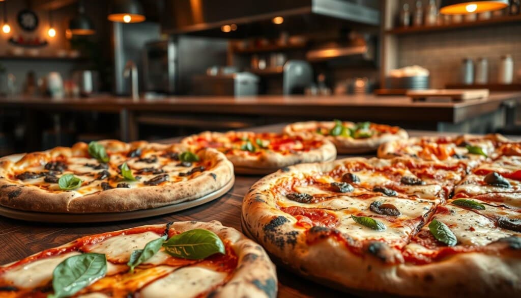 A delectable array of artisanal pizzas, freshly baked with care, adorned with gourmet toppings. In the foreground, a piping hot margherita pizza with a perfectly charred crust, fresh basil leaves, and gooey mozzarella. Beside it, a unique wood-fired creation featuring wild mushrooms, truffles, and a drizzle of balsamic reduction. In the middle ground, a selection of specialty pies - a spicy sausage and pepperoni, a vegetarian delight with roasted veggies, and a seafood sensation with shrimp and scallops. The background is filled with a cozy, upscale pizzeria setting, warm lighting, and an open kitchen where skilled chefs meticulously craft these culinary masterpieces. Capture the essence of the gourmet pizza revolution, blending artistry, quality ingredients, and the passion of exceptional culinary artisans.