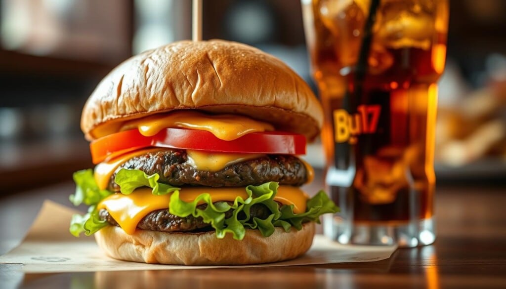 A delectable scene of a classic burger and drink combination, captured with a soft, natural lighting and a shallow depth of field. In the foreground, a juicy beef patty with melted cheddar cheese, crisp lettuce, ripe tomato slices, and a dollop of tangy sauce, nestled between a toasted brioche bun. Beside it, a refreshing glass of amber-hued soda, complete with ice cubes and a straw, reflecting the warm tones of the scene. The background is blurred, hinting at a cozy, casual dining atmosphere, encouraging the viewer to imagine the perfect burger experience.