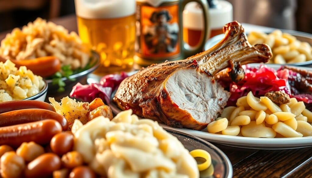 A delectable selection of traditional German dishes, arranged in a visually appealing composition. In the foreground, a platter showcases classic favorites such as bratwurst, sauerkraut, and potato salad, highlighted by warm, golden lighting. In the middle ground, a hearty pork knuckle dish with crispy skin and a side of mashed potatoes and red cabbage takes center stage. In the background, a traditional Bavarian-style beer stein and a serving of rich, creamy spätzle complete the scene, creating a mouthwatering and authentic depiction of popular German cuisine. The overall mood is cozy, inviting, and evocative of a traditional German biergarten atmosphere.
