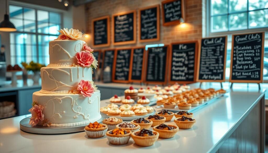 A delightful arrangement of meticulously crafted custom cakes and gourmet pies, artfully displayed on a sleek, modern countertop. In the foreground, an elegant tiered cake adorned with intricate floral decorations and a lustrous glaze, alongside an assortment of bite-sized tarts and mini pies showcasing vibrant fillings. In the middle ground, a collection of rustic, hand-lettered chalkboard signs highlight the unique flavor profiles and specialty offerings of the shop. The background features a warm, inviting ambiance with natural light streaming through large windows, casting a soft, diffused glow over the delectable treats. An atmosphere of culinary excellence and indulgence, capturing the essence of a truly exceptional cake and pie shop.