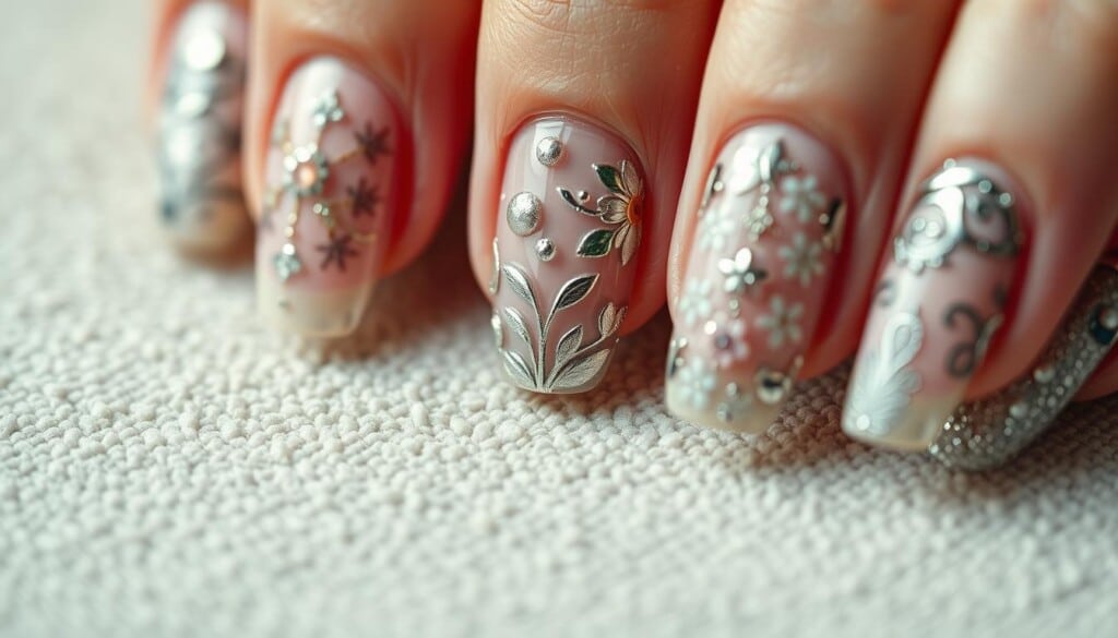 A detailed close-up shot of various intricate nail art designs, showcasing an array of patterns, textures, and colors. The nails feature delicate floral motifs, shimmering metallic accents, and whimsical geometric designs, all rendered with a high level of precision and artistry. The lighting is soft and diffused, highlighting the nuanced details and creating a sense of elegance and sophistication. The background is a neutral, out-of-focus surface, allowing the mesmerizing nail art to take center stage and captivate the viewer. The overall composition conveys the skilled craftsmanship and creativity that can be expected at high-end nail salons.