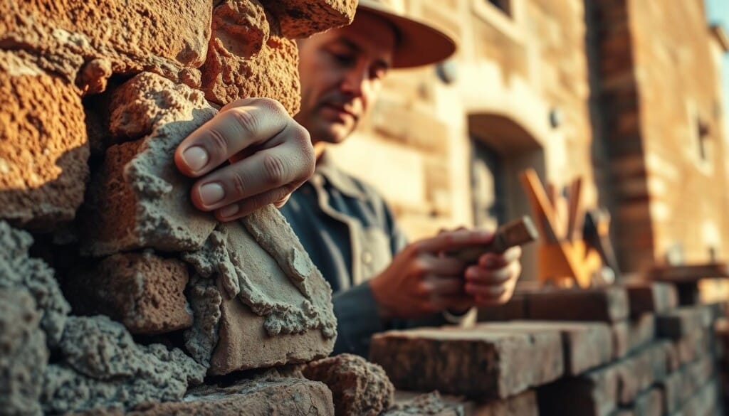 A detailed close-up view of a skilled mason repairing a crumbling brick wall. The foreground shows the mason's hands carefully troweling fresh mortar into the cracks and crevices, with a focus on the textures and colors of the aged bricks and mortar. The middle ground reveals the mason's focused expression as they work, surrounded by a well-organized set of masonry tools. The background is blurred but suggests an older, historic building. Warm, natural lighting illuminates the scene, casting dynamic shadows that highlight the masonry repair process. The overall mood is one of skilled craftsmanship and the preservation of architectural heritage.