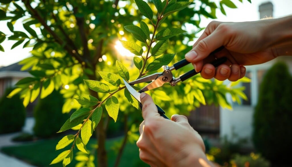 A detailed closeup view of a homeowner's hand trimming a verdant tree branch with a pair of sharp pruning shears, against a blurred background of a well-manicured suburban backyard. Sunlight filters softly through the lush foliage, casting a warm, natural glow on the scene. The image conveys a sense of care and attention to maintaining the health and appearance of the tree, with the homeowner taking an active role in its upkeep.