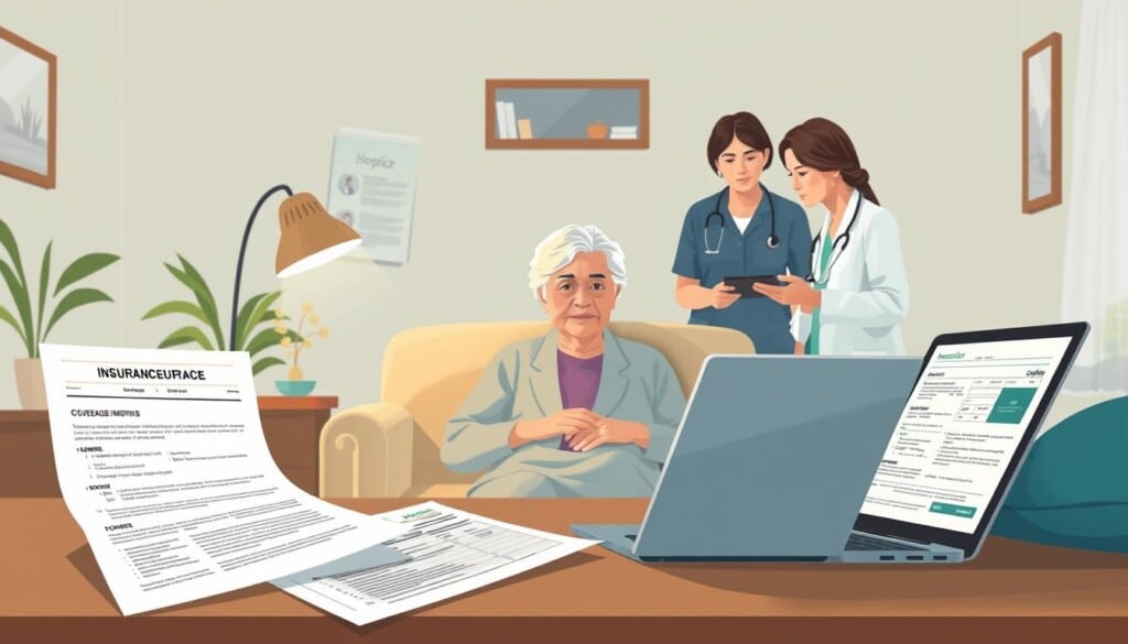A detailed illustration of hospice insurance coverage, depicting a scene with a senior patient in a cozy hospice setting, surrounded by attentive healthcare professionals discussing insurance plans and policies. The foreground showcases various insurance documents, medical forms, and a laptop displaying coverage details. The middle ground features the patient, a nurse, and a social worker engaged in a thoughtful conversation. The background incorporates soothing, muted tones, with soft lighting and a calming atmosphere to convey the compassionate nature of hospice care. The overall composition aims to visually communicate the complexities of navigating insurance and costs in the hospice system.