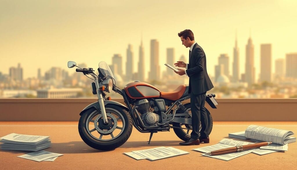A detailed, realistic illustration of the motorcycle accident claims process. In the foreground, a damaged motorcycle and a person in a suit, representing a legal professional, engaging in a discussion. In the middle ground, various legal documents and paperwork, symbolizing the bureaucratic aspects of the process. In the background, a blurred city skyline, suggesting the broader legal and insurance systems involved. Warm, muted tones create a somber, serious atmosphere. Precise rendering of materials and textures, with a focus on sharp details to convey the complex, step-by-step nature of the claims procedure.