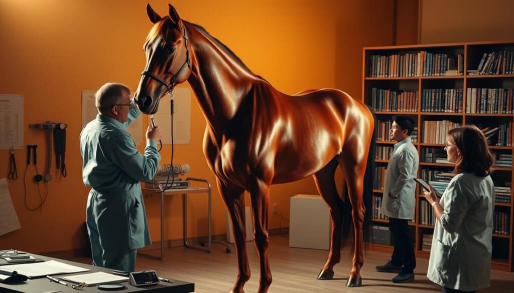 A detailed scientific study of a striking chestnut horse, captured in a warm, golden-hued studio setting. The subject stands majestically, its muscles rippling beneath a glossy coat, as a team of researchers examine its conformation and vital signs. In the foreground, medical instruments and charts are neatly arranged, while in the background, a bookshelf laden with equine reference materials suggests a deep dive into the art and science of horse racing. The lighting is soft and directional, casting dramatic shadows that accentuate the horse's powerful yet graceful form. An atmosphere of focused, meticulous inquiry pervades the scene, hinting at the essential insights required to excel at the thrilling sport of horse racing.
