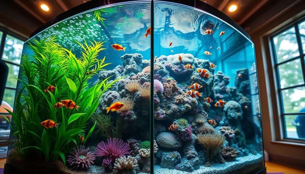 A detailed side-by-side comparison of a freshwater aquarium and a saltwater aquarium, captured with a crisp wide-angle lens. In the foreground, the freshwater tank features lush green plants, vibrant neon tetras, and a tranquil air-bubbled surface. In the middle ground, the saltwater tank showcases a vibrant coral reef teeming with clownfish, angelfish, and other tropical marine life. The background blends a mix of natural lighting from large windows and warm overhead illumination, creating a serene and captivating underwater atmosphere.