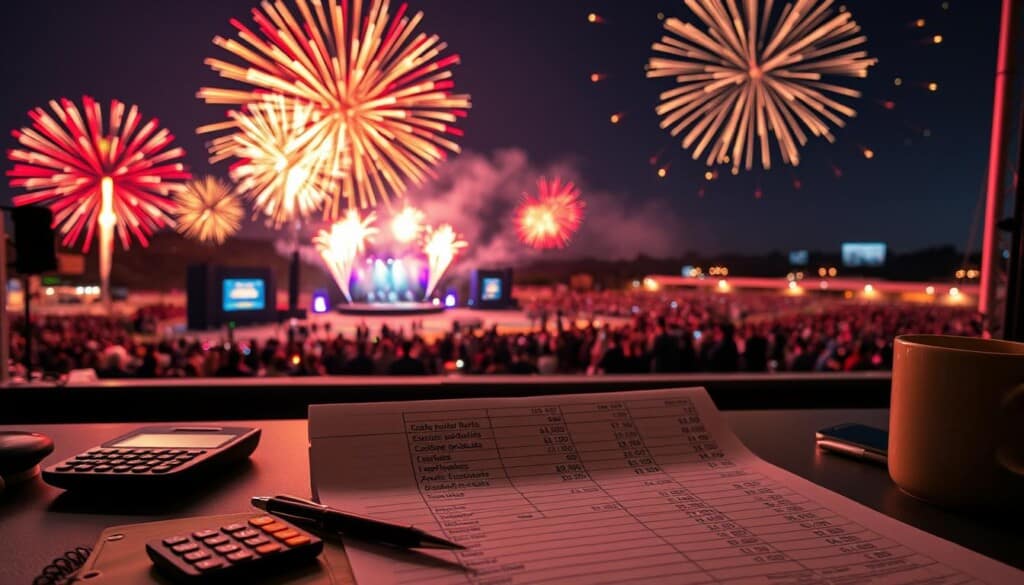 A detailed spreadsheet displaying budgeting figures for a vibrant fireworks display, with line items for various pyrotechnic products, labor costs, and logistical expenses. The foreground shows the spreadsheet open on a desk, with a pen, calculator, and coffee mug nearby, conveying a sense of careful planning and analysis. The middle ground depicts a panoramic view of a nighttime event space, with a stage and seating areas in the distance, hinting at the grand finale to come. The background features a starry sky, adding an air of anticipation and festive wonder to the scene. The overall mood is one of meticulous preparation, financial prudence, and the excitement of a spectacular pyrotechnic show.