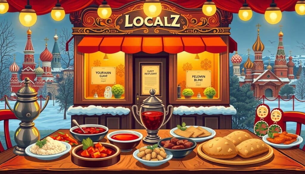 A detailed, vibrant illustration of a Russian food restaurant guide titled "LocalZ: Your Guide to Russian Food Restaurants". The scene depicts the foreground with a wooden table showcasing various Russian dishes like borscht, pelmeni, and blini, alongside a samovar and traditional Russian nesting dolls. The middle ground features the restaurant's facade with warm lighting, ornate architecture, and a sign displaying the title. The background showcases a cityscape with iconic Russian landmarks like onion-domed churches and snowy landscapes, bathed in a golden, inviting glow. The overall mood is cozy, authentic, and inviting, capturing the essence of Russian culinary culture.