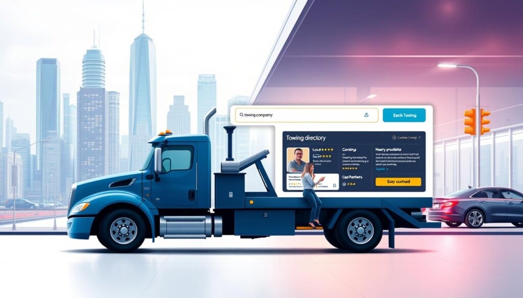 A detailed, vibrant illustration of the "LocalZ towing companies directory services" showcasing a sleek, user-friendly web interface. Set in a modern, minimalist style with soft lighting and a clean, professional atmosphere. The foreground depicts the directory's homepage, highlighting intuitive search functions, company listings, and customer reviews. The middle ground features customers easily connecting with nearby towing providers through the platform. In the background, a cityscape with towering skyscrapers and bustling streets, emphasizing the local and convenient nature of the directory services. Utilize a wide-angle lens to capture the comprehensive scope of the platform within a single frame.
