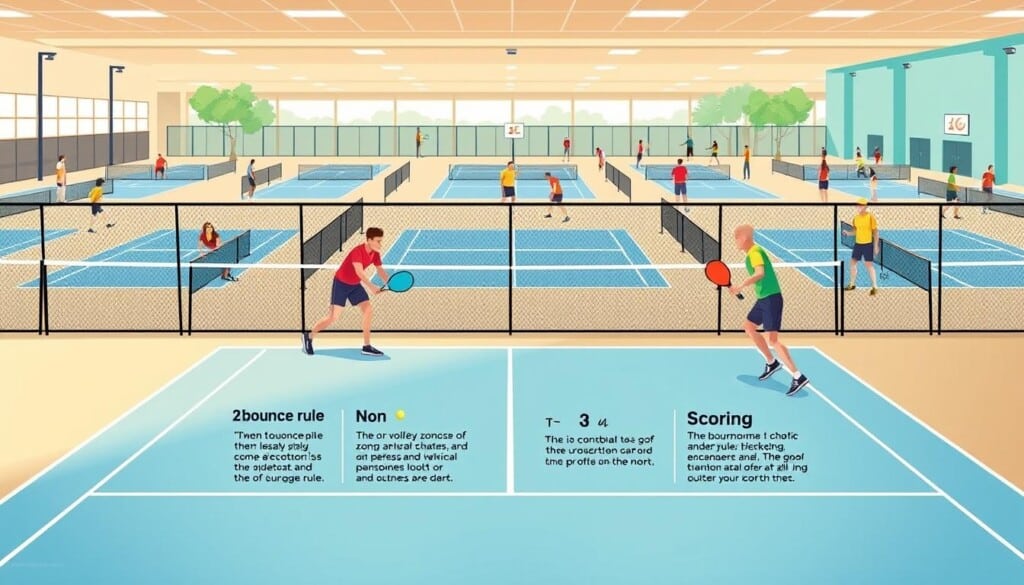 A detailed, vibrant illustration of the fundamental rules of pickleball. A clean, well-lit court in the foreground, with players engaged in a rally, showcasing the unique gameplay dynamics. In the middle ground, a series of easily legible, concise infographic elements highlighting key rules such as the two-bounce rule, the non-volley zone, and scoring. The background features a panoramic view of a pickleball facility, with players actively participating in matches across multiple courts, conveying the lively, social atmosphere of the sport. The overall scene strikes a balance between realistic representation and informative clarity, making it an ideal visual aid for comprehending the basics of pickleball.