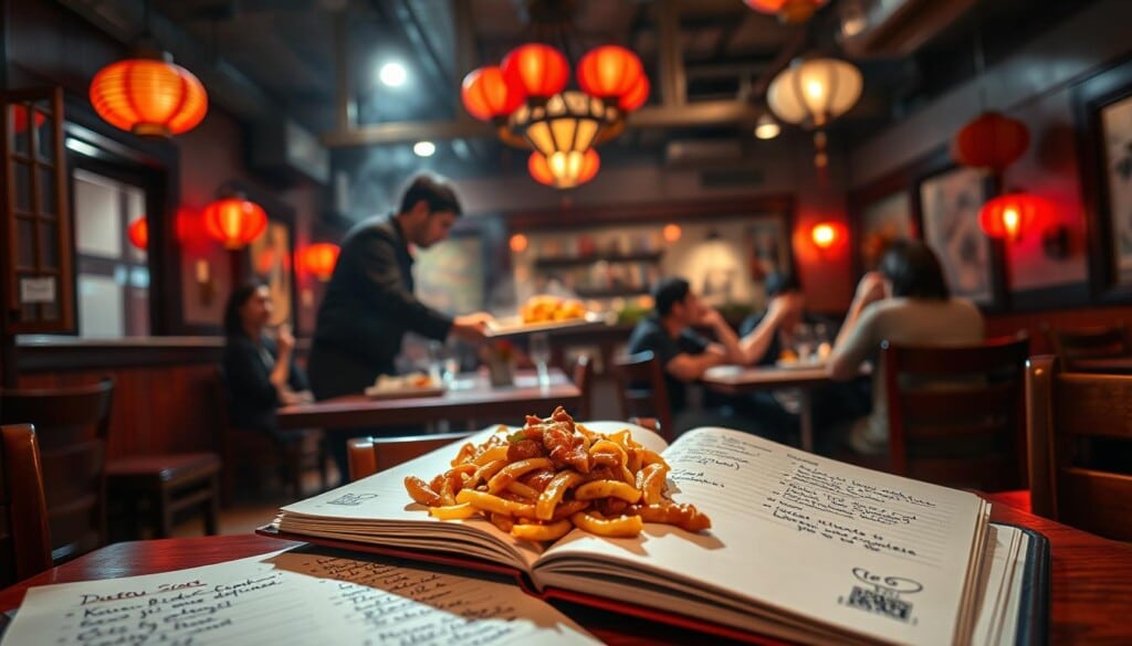 A dimly lit Chinese restaurant interior, with wooden tables, red lanterns, and the faint aroma of spices. In the foreground, a customer review book lies open, showcasing handwritten notes and ratings. The middle ground features a waiter delivering a steaming dish of Kung Pao chicken, while in the background, a group of diners enjoy their meal, engaged in lively conversation. The lighting is warm and inviting, casting a cozy glow over the scene, capturing the essence of a successful Chinese dining experience.