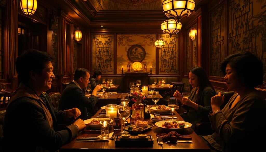 A dimly lit Shanghaies restaurant, bathed in warm amber tones. Elegant wooden tables adorned with delicate china and glimmering glassware, set against a backdrop of ornate, silk-draped walls. In the foreground, diners savor exotic dishes, their expressions a blend of delight and contemplation, as if transported to a bygone era of refined Chinese culinary traditions. The scene is captured through a wide-angle lens, creating a sense of intimate, immersive dining experience, with a soft, shallow depth of field that draws the viewer's gaze to the captivating details of the table settings and the subtle interplay of light and shadow.