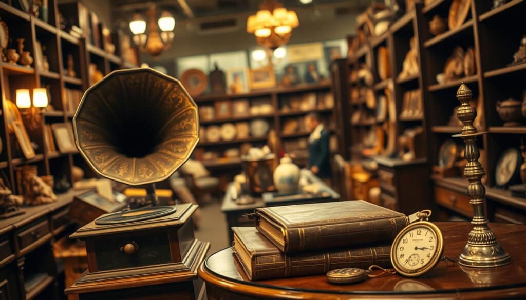 A dimly lit antique shop, its shelves brimming with a curated collection of unique treasures from across the United States. In the foreground, a dusty old gramophone stands tall, its ornate brass fittings gleaming under the soft glow of vintage wall sconces. Beside it, a weathered leather-bound book rests atop a mahogany side table, its pages revealing the secrets of a bygone era. In the middle ground, an eclectic array of artifacts – a tarnished silver candlestick, a delicate porcelain figurine, and a rusted pocket watch – await discovery. The background fades into a warm, sepia-toned ambiance, creating an atmosphere of timeless elegance and historical significance.