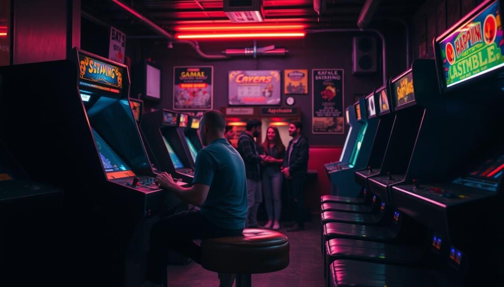 A dimly lit arcade, neon lights casting a nostalgic glow. In the foreground, a classic arcade cabinet stands, its screen flickering with retro graphics. The player, engrossed in the game, sits on a worn leather stool, his fingers dancing across the buttons. In the middle ground, a group of friends gather around another cabinet, laughter and friendly banter filling the air. The background reveals the familiar sights of an old-school arcade: rows of cabinets, posters advertising long-forgotten games, and the faint hum of electronic machinery. The scene evokes a sense of timeless wonder, a longing for the simple pleasures of a bygone era, as the allure of nostalgia draws players back to the golden age of gaming.