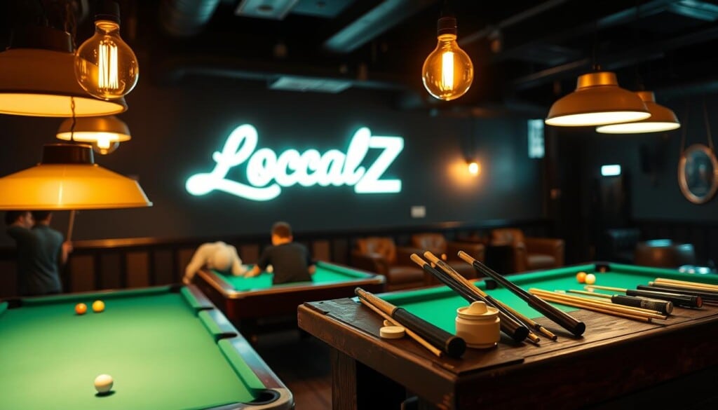 A dimly lit, atmospheric pool hall interior, with a focus on the iconic LocalZ logo prominently displayed on the wall. The foreground features a group of pool players engrossed in their game, the green felt tables casting a warm glow. In the middle ground, vintage-style pool cues and chalk are arranged on a worn wooden shelf, while the background reveals a cozy lounge area with comfortable leather chairs. The lighting is a mix of warm Edison bulbs and subtle neon accents, creating a welcoming and inviting ambiance. The overall scene conveys a sense of tradition, community, and the enduring allure of the classic pool hall experience.