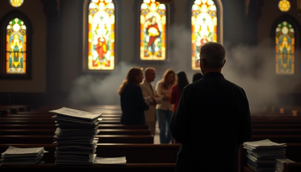 A dimly lit church interior, the stained glass windows casting a warm glow upon the wooden pews. In the foreground, a missionary stands, brow furrowed, surrounded by stacks of documents and ledgers, the weight of financial constraints and administrative challenges evident in their posture. In the middle ground, a group of volunteers gathers, their faces etched with concern as they discuss logistical issues impeding their outreach efforts. The background is hazy, suggesting the looming uncertainty and complexities facing the organization as it navigates shifting cultural landscapes and evolving social dynamics. Dramatic lighting and a sense of contemplation permeate the scene, capturing the essence of the "Challenges Facing Missionary Organizations."
