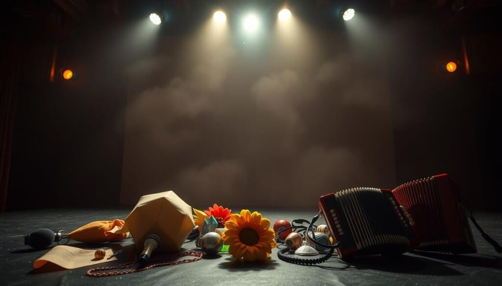A dimly lit comedy club stage, with a spotlight illuminating the center. On the stage, various comedic props and accessories are scattered, such as a rubber chicken, a whoopee cushion, a squirt flower, and a miniature accordion. The background is hazy, creating an intimate, atmospheric ambiance, with hints of laughter and applause echoing in the distance. The lens is slightly wide, capturing the full stage and the unique, quirky elements that make this comedy club stand out from the rest. The overall mood is playful, whimsical, and bursting with the promise of unexpected laughter and entertainment.