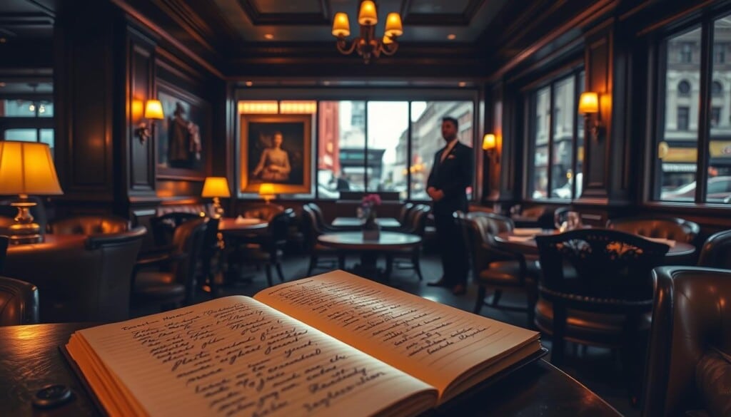 A dimly lit, cozy restaurant interior with plush leather chairs and ornate, wooden tables. The ambiance is warm and inviting, with soft, golden lighting casting a gentle glow across the scene. In the foreground, a hand-written reservation book lies open, its pages fluttering gently. The middle ground features a hostess stand, where a well-dressed, attentive host awaits guests. In the background, a row of large windows offers a glimpse of a bustling city street outside, hinting at the restaurant's prime location. The overall mood is one of anticipation, as the stage is set for an exceptional dining experience.