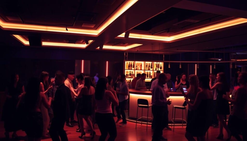 A dimly lit dance club interior, with a focus on the dance floor and patrons. In the foreground, a group of stylishly dressed people dancing together, their movements fluid and energetic. In the middle ground, a well-lit bar area where patrons are engaged in lively conversation, drinks in hand. The background features the club's modern, minimalist decor with sleek lighting fixtures casting a warm glow throughout the space. The overall atmosphere is one of excitement and camaraderie, with a keen emphasis on safety and responsible behavior.