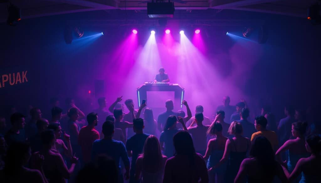 A dimly lit dance club where the pulsing rhythms of EDM and the infectious beats of Hip-Hop blend seamlessly. In the foreground, a diverse crowd of dancers move in sync, their bodies illuminated by captivating neon lights and strobes that cast a kaleidoscopic glow across the scene. In the middle ground, a DJ booth stands elevated, the talented artist skillfully mixing tracks and creating a mesmerizing soundscape that envelops the space. The background is shrouded in a hazy, atmospheric fog, adding to the immersive and energetic ambiance of the club. The lighting is dramatic, with shadows and highlights accentuating the dynamic movements of the dancers and the energy of the music. The overall composition evokes a sense of excitement, unity, and the power of music to bring people together on the dance floor.