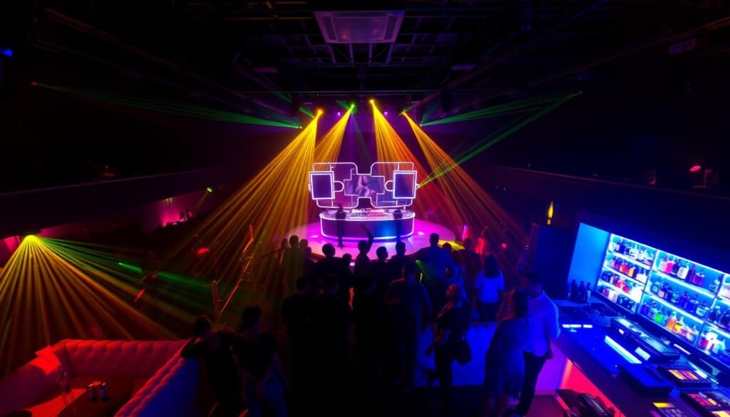 A dimly lit dance floor, pulsing with the rhythm of electronic beats. Colorful lights cast mesmerizing patterns on the crowd, as they sway and groove to the infectious melodies. In the center, a stylized DJ booth stands tall, its sleek design and state-of-the-art equipment commanding attention. Surrounding the dance floor, plush seating and intimate VIP areas create a sense of exclusivity, while the bar's neon-lit shelves offer a tantalizing array of craft cocktails. The atmosphere is electric, with a palpable energy that draws in the city's most discerning nightlife enthusiasts, eager to lose themselves in the music and the moment.