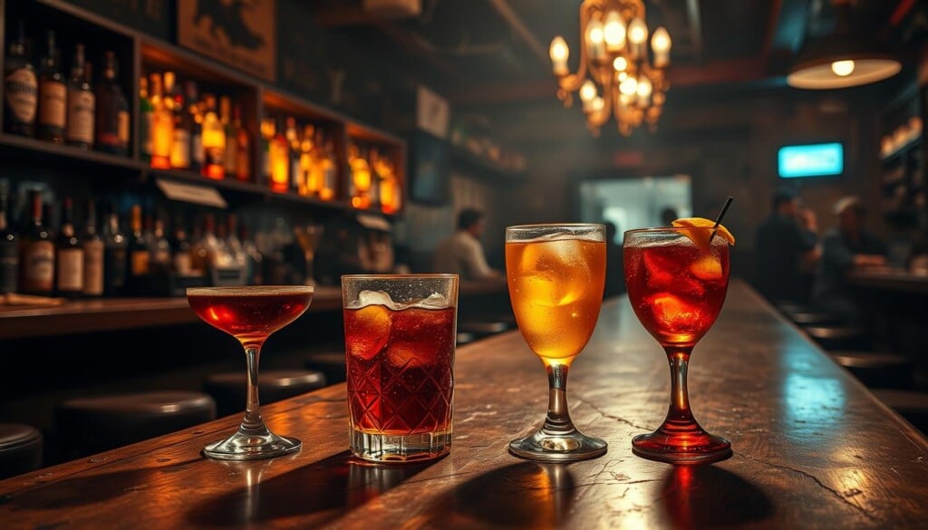 A dimly lit dive bar with a worn, wooden counter and scuffed barstools. Rows of dusty liquor bottles line the shelves behind the bar, casting warm, amber hues across the scene. In the foreground, condensation-beaded glasses hold an array of classic cocktails - a Manhattan, an Old Fashioned, and a Negroni, their vibrant colors and intricate garnishes inviting the viewer to take a sip. The bar's patrons, in the background, are obscured in a hazy, atmospheric lighting, creating a sense of mystery and intimacy. The overall mood is gritty, vintage, and welcoming, evoking the quintessential dive bar experience.
