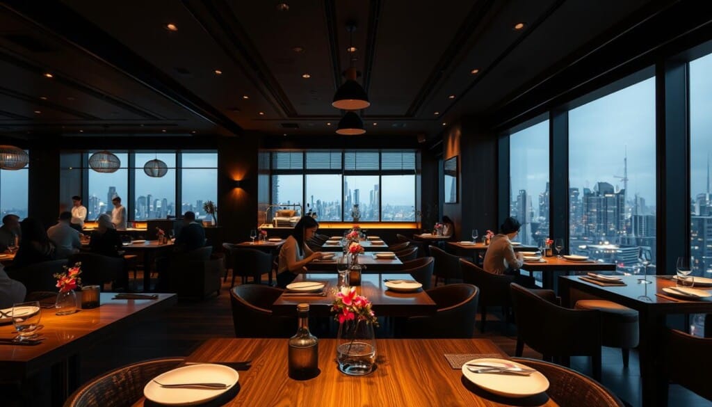 A dimly lit, elegant Asian fusion restaurant interior. Intimate lighting casts a warm, inviting glow over a modern, minimalist dining space. Sleek, wooden tables are elegantly set with porcelain plates, chopsticks, and delicate floral arrangements. Diners are seated at the tables, engaged in conversation, savoring their meals. In the background, a partially open kitchen showcases chefs artfully preparing dishes. Large windows offer a glimpse of the vibrant city skyline outside, creating a seamless transition between indoor and outdoor environments. An atmosphere of refined sophistication, complemented by the aroma of expertly crafted Asian-inspired cuisine.