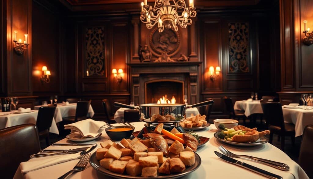 A dimly lit, elegant dining room with warm, cozy lighting and a large, ornate fireplace in the background. In the foreground, a table set with white linen tablecloths, gleaming silverware, and a central fondue pot surrounded by an assortment of dipping foods - cubes of crusty bread, fresh vegetables, and succulent meats. The atmosphere is refined, inviting, and evocative of a top-rated fondue experience in a major US city. A wide-angle lens captures the scene, showcasing the attention to detail and luxurious ambiance that defines the best fondue restaurants.