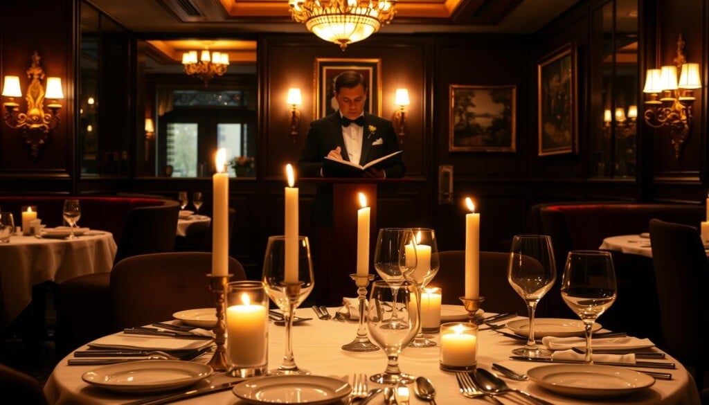 A dimly lit, elegant restaurant interior with a refined, upscale ambiance. In the foreground, a meticulously set table with fine china, crystal glassware, and silverware. Candles flicker, casting a warm, intimate glow across the table setting. In the middle ground, a well-dressed host stands at a podium, greeting guests and consulting a reservation book. The background features plush, velvet-upholstered seating, ornate wall sconces, and tasteful artwork, conveying a sense of exclusivity and attention to detail. The overall mood is one of anticipation, as the scene suggests the start of a memorable dining experience.