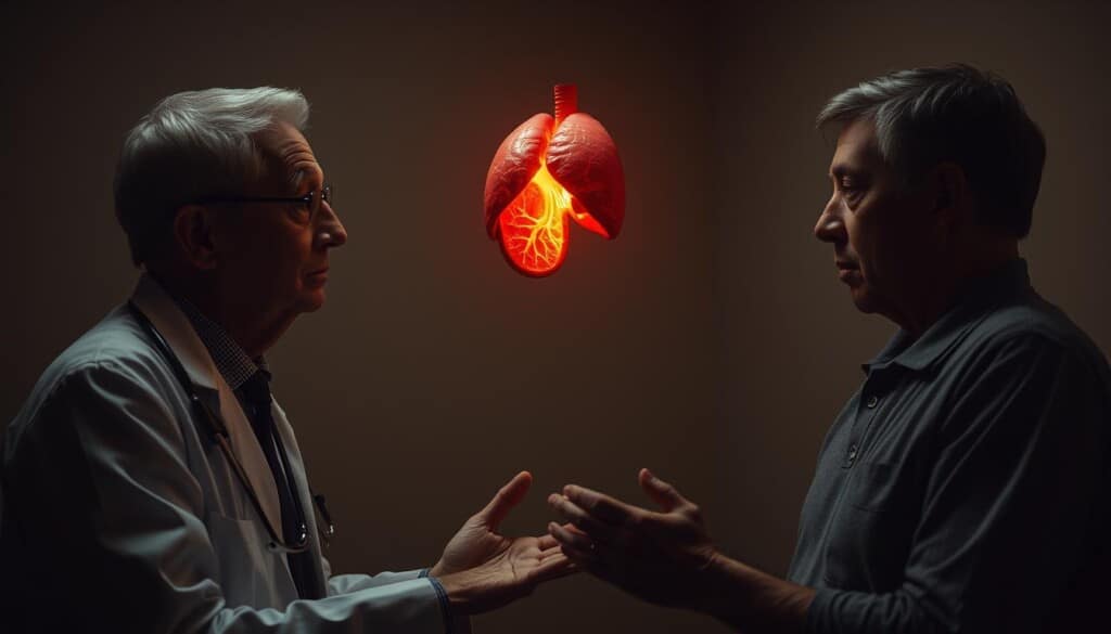 A dimly lit examination room, the doctor's expression somber as they deliver the news. A detailed anatomical model of the affected organ hovers in the air, glowing with an ominous radiance. The patient's face reflects a mixture of fear and vulnerability, their hands clasped tightly as they process the diagnosis. The room is bathed in a warm, muted light, creating a sense of solemnity and gravity. The overall atmosphere conveys the weight and significance of this moment, underscoring the importance of early detection and treatment in the fight against cancer.