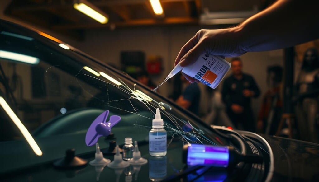 A dimly lit garage interior, the focus centered on a cracked windshield. In the foreground, a pair of skilled hands carefully apply a specialized resin compound, meticulously working to repair the damage. The middle ground showcases an array of tools - suction cups, resins, and UV lamps - necessary for the delicate task. In the background, the blurred silhouettes of other automotive repair equipment create a sense of a professional, well-equipped workspace. The scene is bathed in a warm, amber-tinted lighting, conveying a sense of expertise and care required for a successful DIY windshield repair.