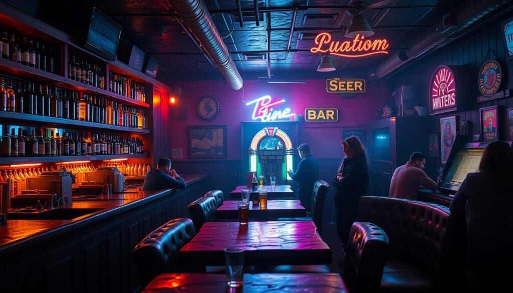 A dimly lit interior with a worn wooden bar, shelves lined with bottles of liquor casting a warm amber glow. Beer-stained tables and tattered leather booths, where patrons huddle over pints and swap stories. The air thick with the scent of stale cigarettes and spilled beer, a jukebox in the corner softly playing old-school tunes. Neon signs flicker, casting a kaleidoscope of colors across the scene, while a weathered bartender pours shots with practiced precision. This is the quintessential dive bar experience - a sanctuary for the weary, a haven for the free-spirited, where the weight of the world melts away, one drink at a time.