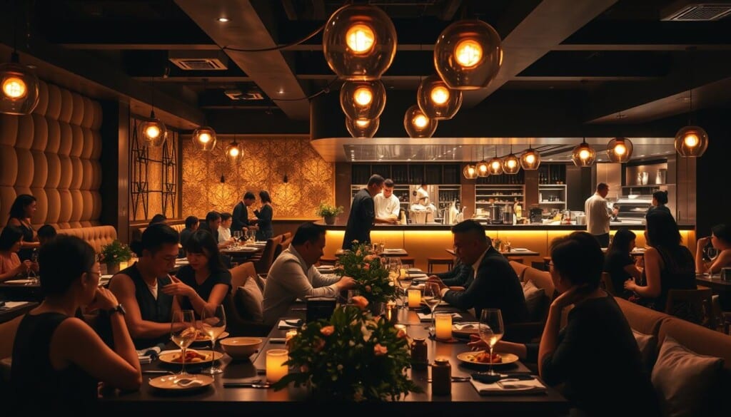 A dimly lit, intimate Singaporean restaurant with plush, cushioned seating and low-hanging, warm-toned lighting. The tables are adorned with intricate tableware, steaming dishes, and fresh greenery. In the foreground, diners lean in close, engaged in lively conversation, while the middle ground features a sleek, modern bar with mixologists crafting specialty cocktails. The background showcases an open kitchen where chefs meticulously prepare each course, creating a sense of culinary theater. The overall atmosphere is one of immersive, sensory-rich dining experience that transports the viewer to the heart of Singaporean cuisine.